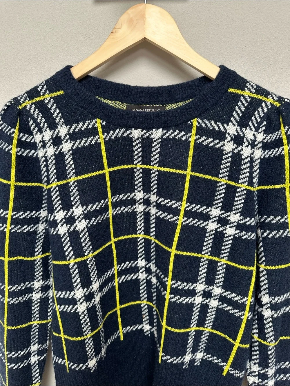 Banana Republic Navy Crewneck Sweater with White Plaid and Yellow Grid